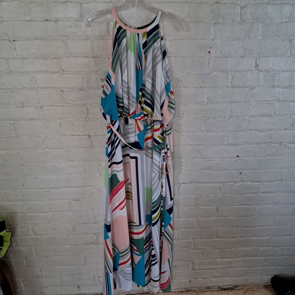 Chicos sz 2 (L) multicolor abstract geometric print maxi dress Matching Belt